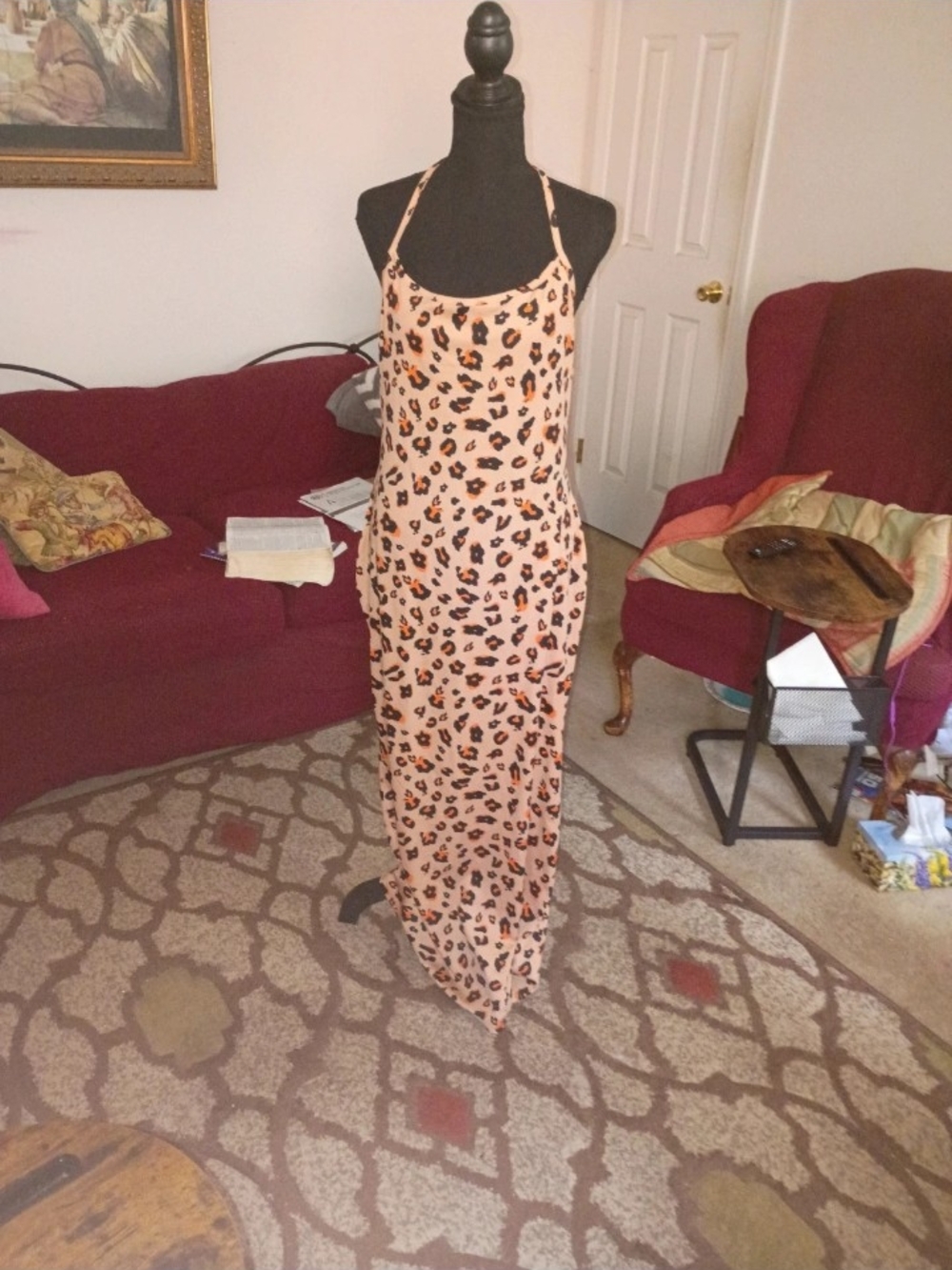 Leopard-Print Peach Maxi Dress with Spaghetti Straps